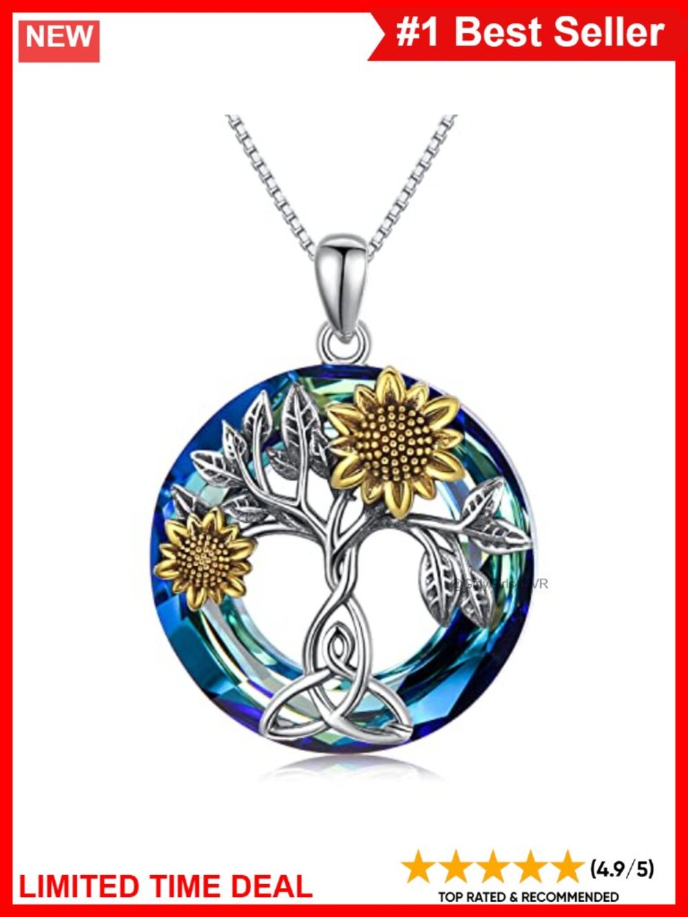 Sterling Silver Sunflower Necklace Crystal Celtic Knot Tree of Life Pendant